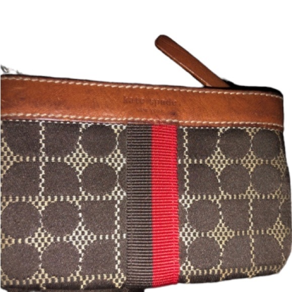 Kate Spade  Wristlet & keychain brown with black & Red details like new - Picture 2 of 14